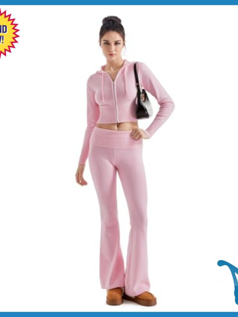 Cropped Zip Hoodie & Flare Pants Set, Knit Activewear, Slim Fit - Picture 6 of 7